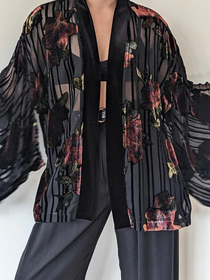 Vintage Sheer & Floral Velvet Kimono Jacket