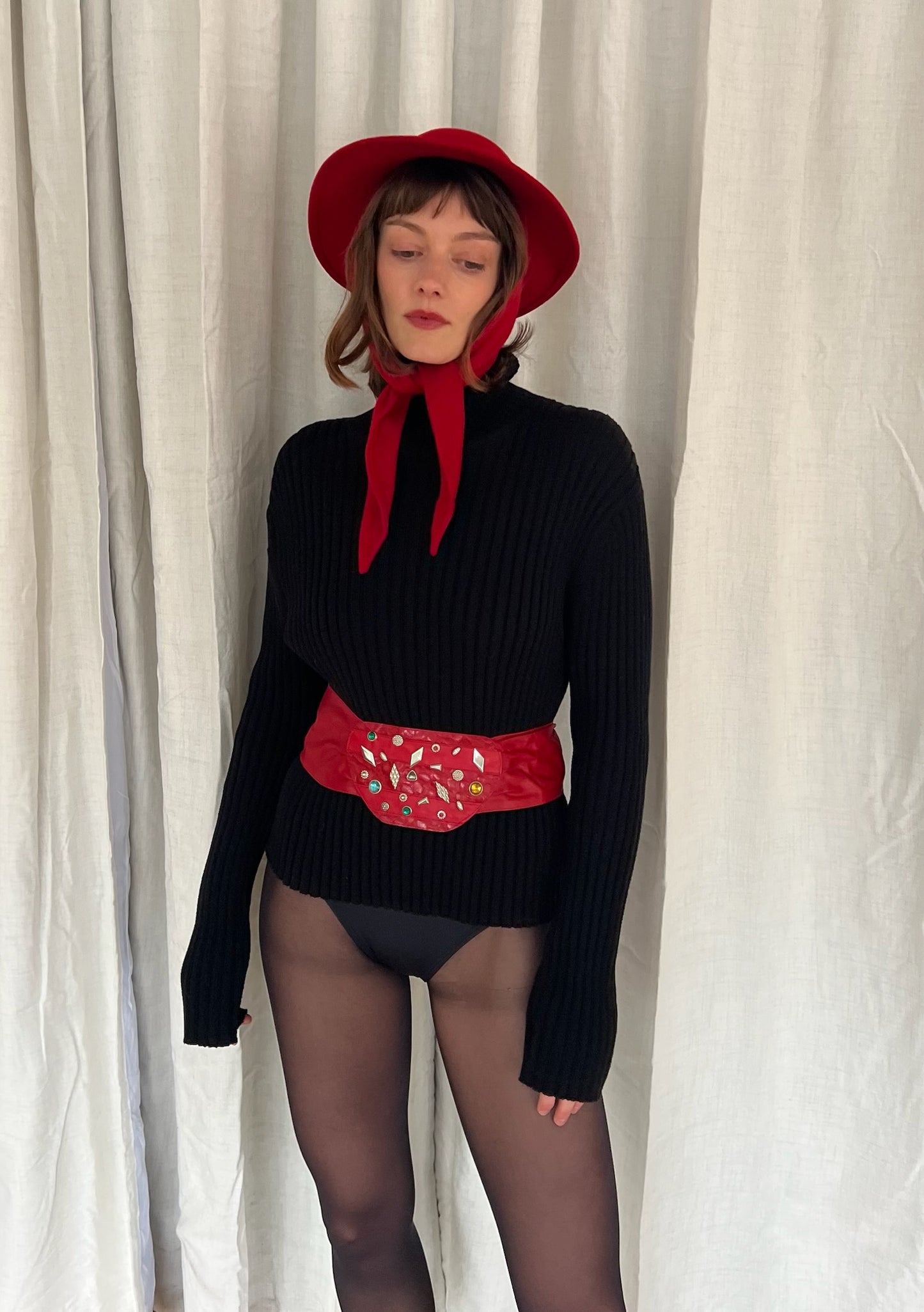 Fun Vintage Embellished Holiday Red Leather Belt