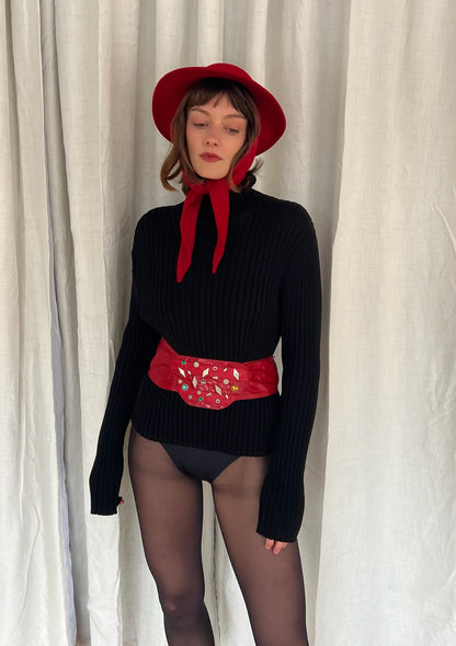 Fun Vintage Embellished Holiday Red Leather Belt