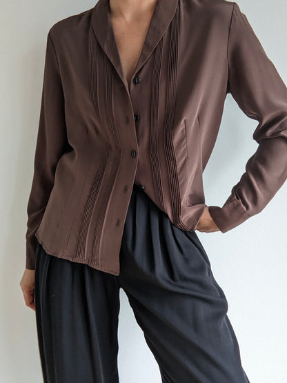 Vintage Cocoa Pleated Silk Blouse