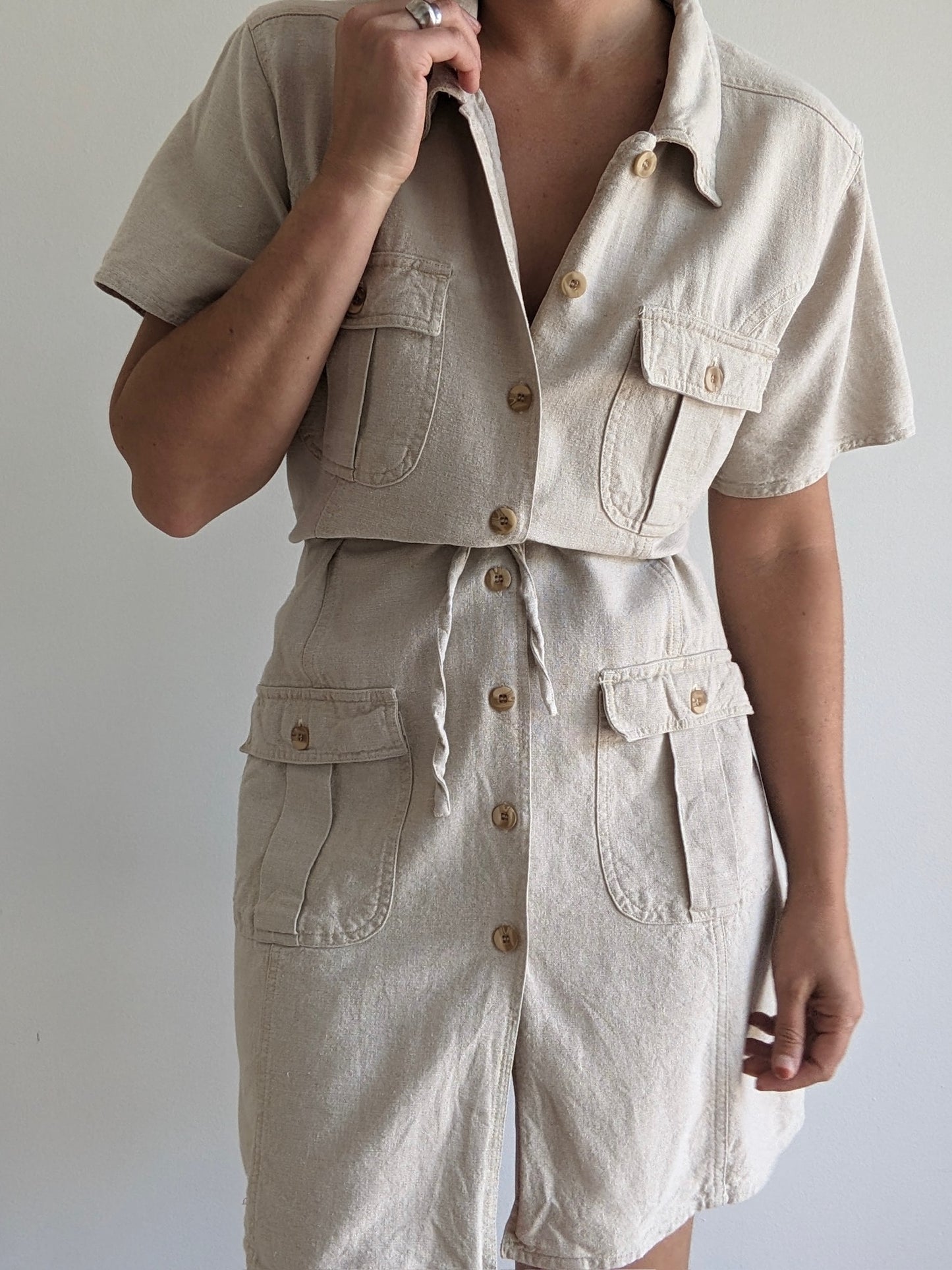 Vintage Wheat Linen Button-Up Dress