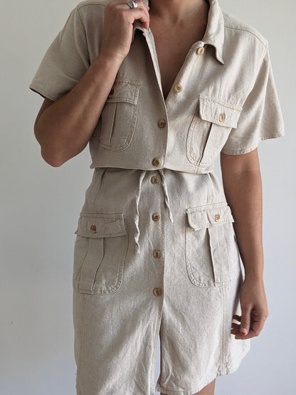 Vintage Wheat Linen Button-Up Dress