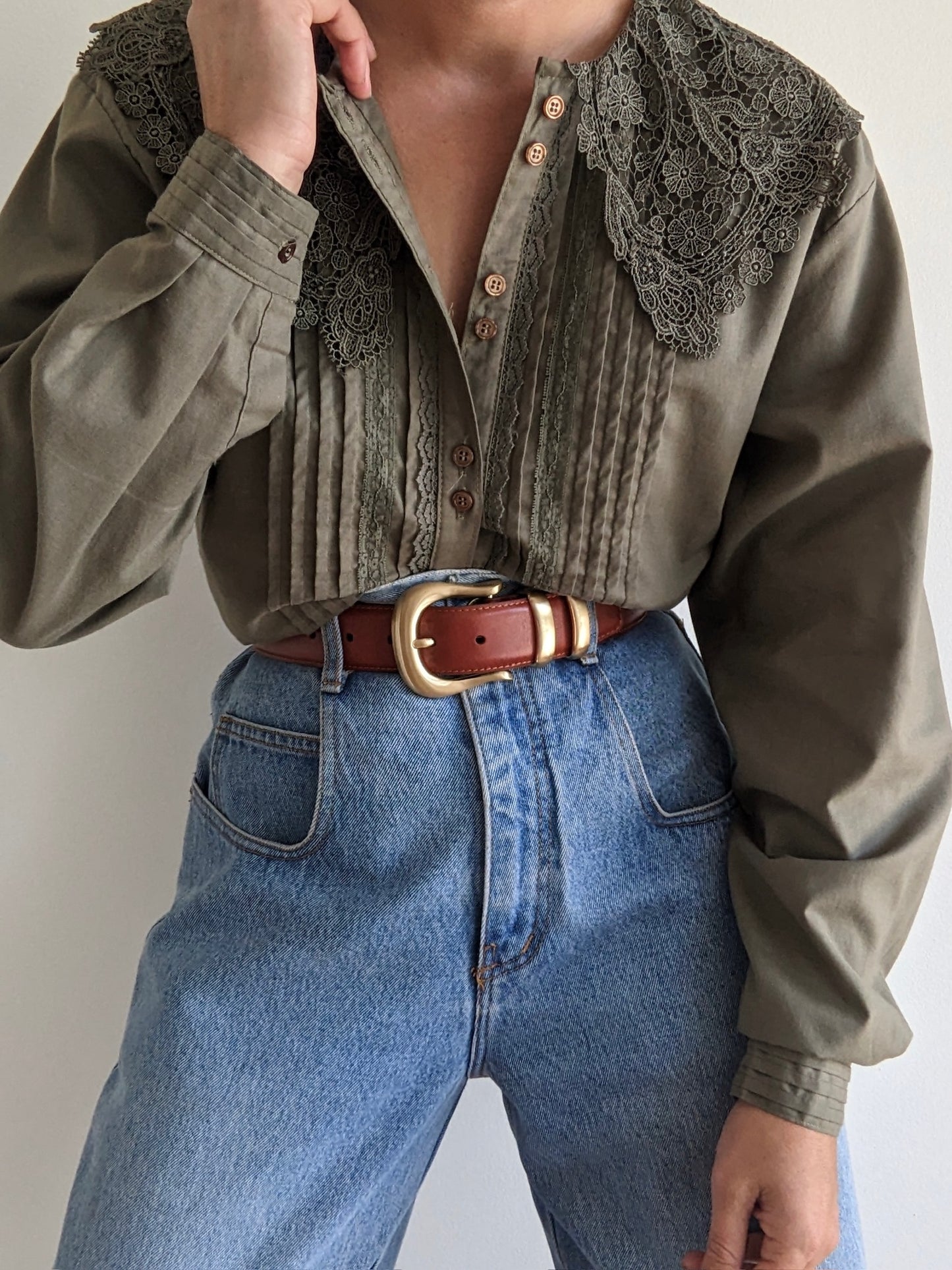 Vintage Olive Lace-Collared Blouse