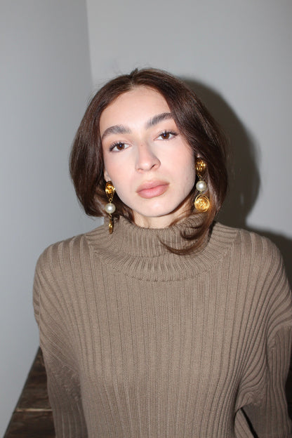 Bold Vintage Gold Spiral & Faux Pearl Drop Earrings