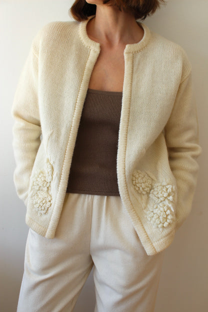 Vintage Buttercream Embroidered Wool Cardigan