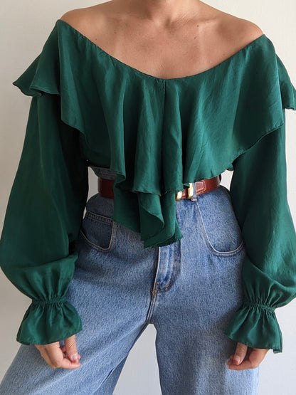 Incredible Vintage Emerald Ruffled Silk Blouse