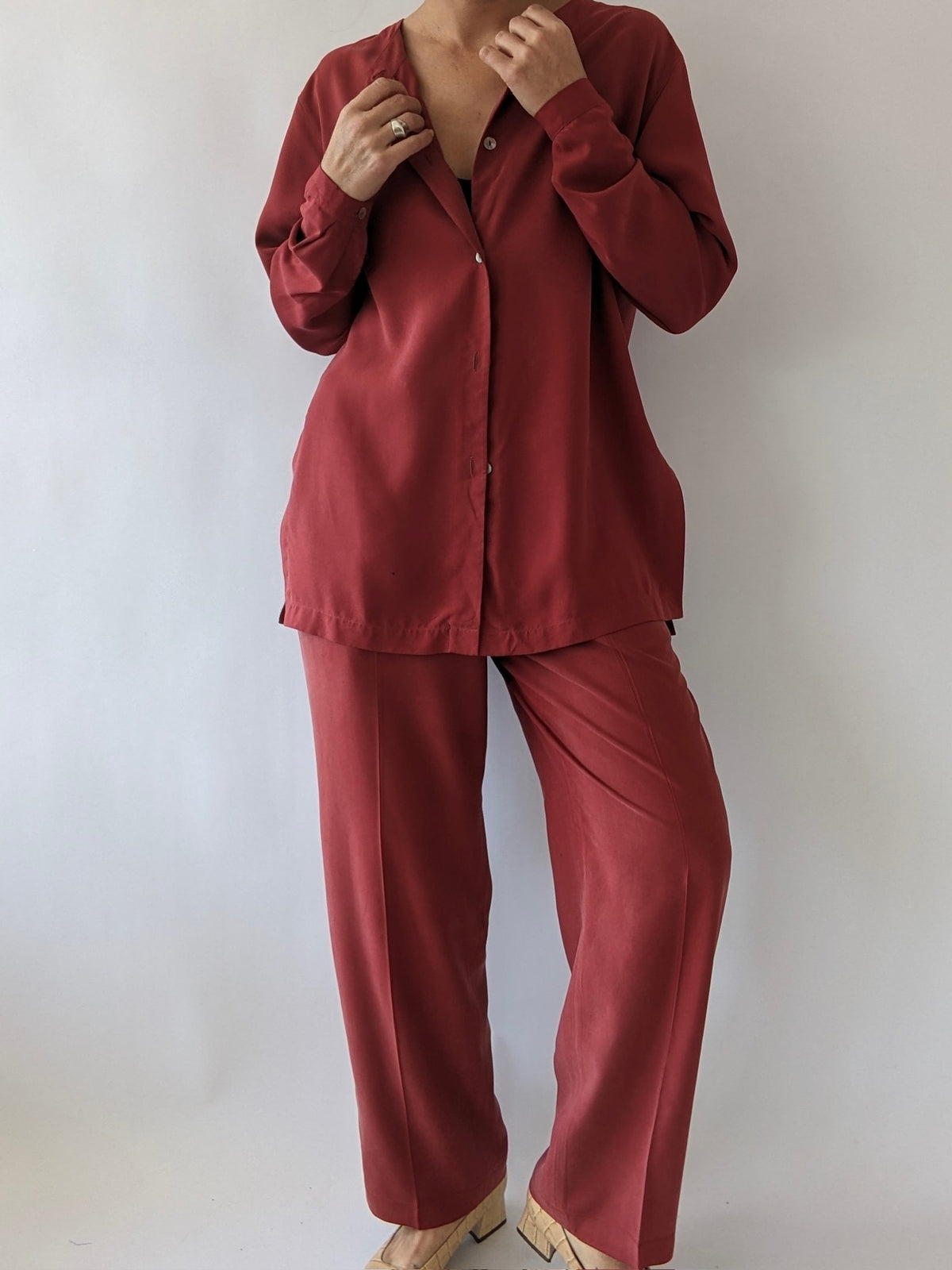 Vintage Faded Red Silk Leisure Pant Set