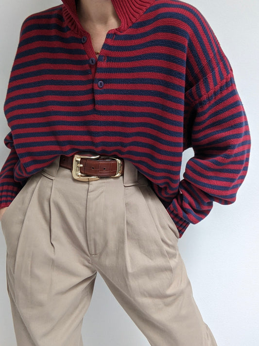 90s Gap Cranberry & Navy Striped Henley