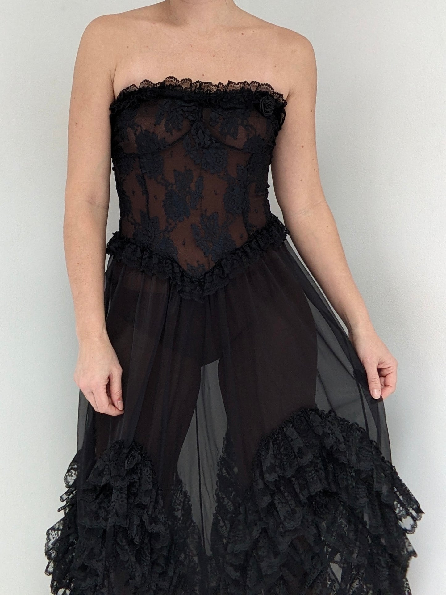 Incredible Vintage Sheer Lace Ruffled Dress