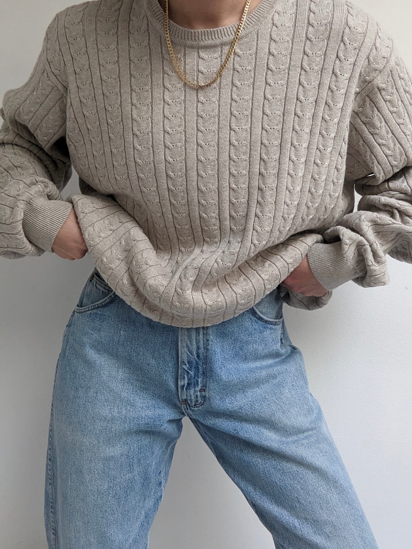 Vintage Wheat Cable Knit Cotton Sweater