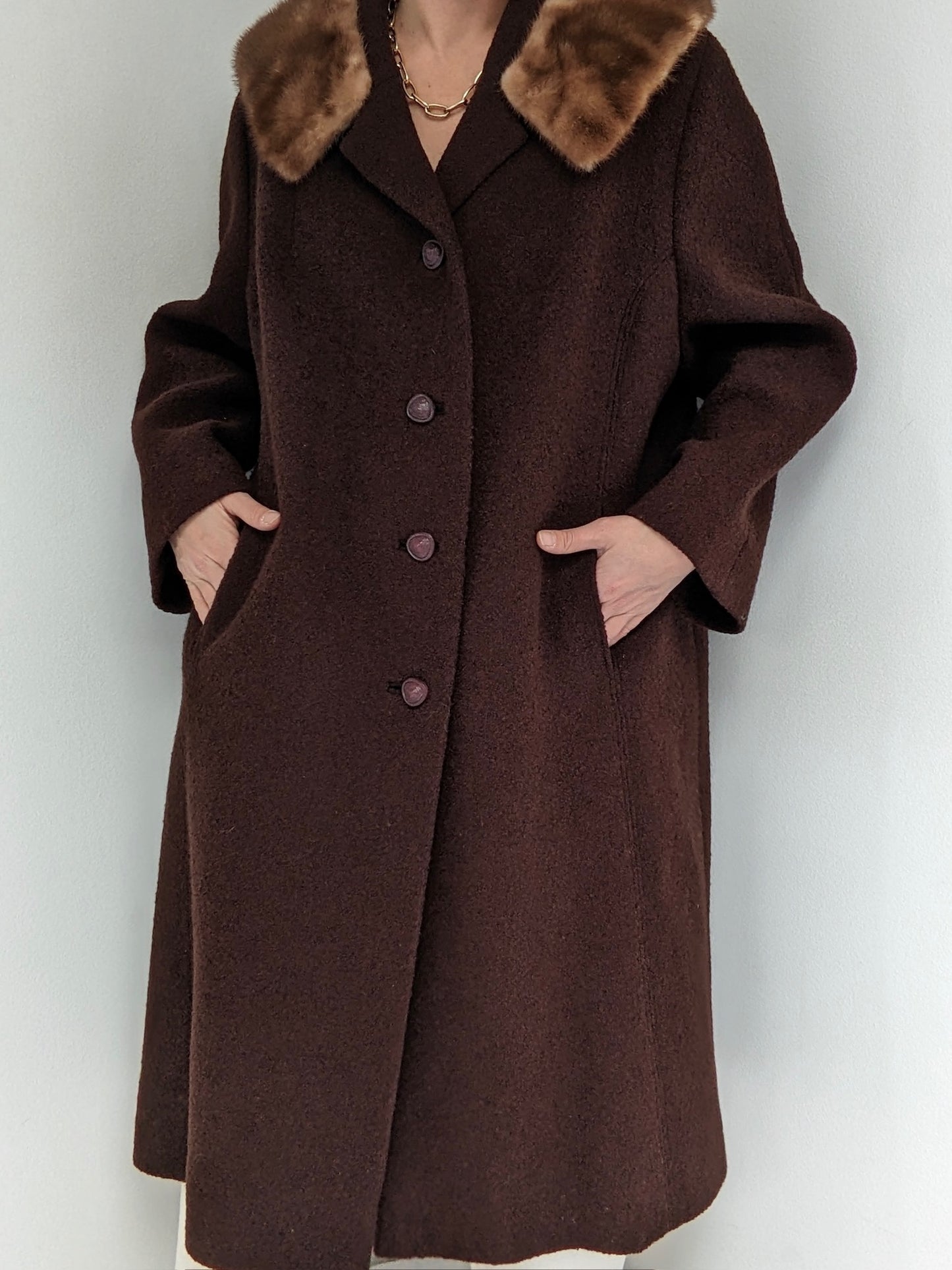 Gorgeous Vintage Chocolate Bouclé Wool & Fur Coat