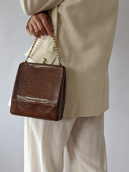 Gorgeous Vintage Lizard-Embossed Leather Handbag