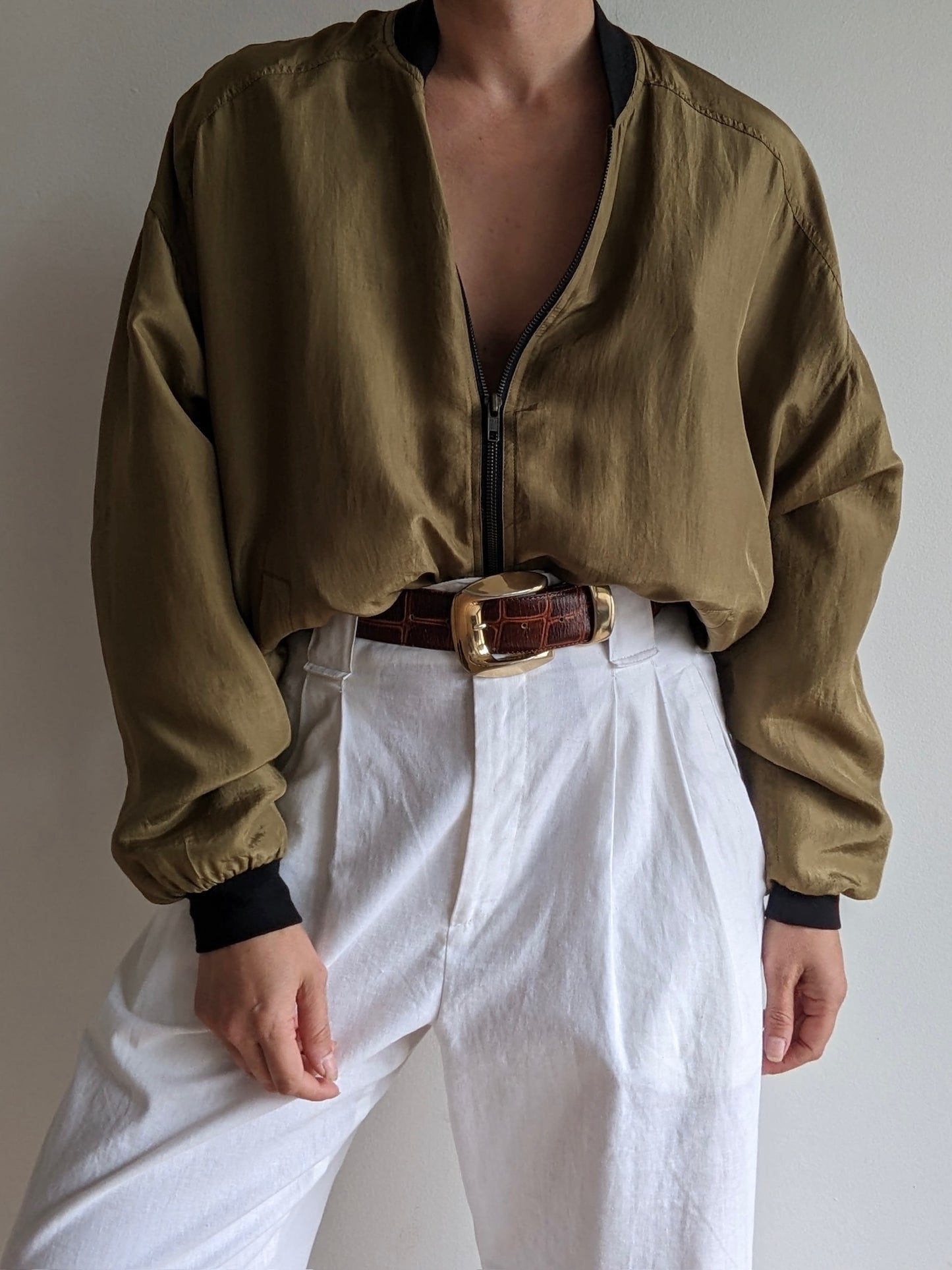 Vintage Olive Silk Bomber Jacket