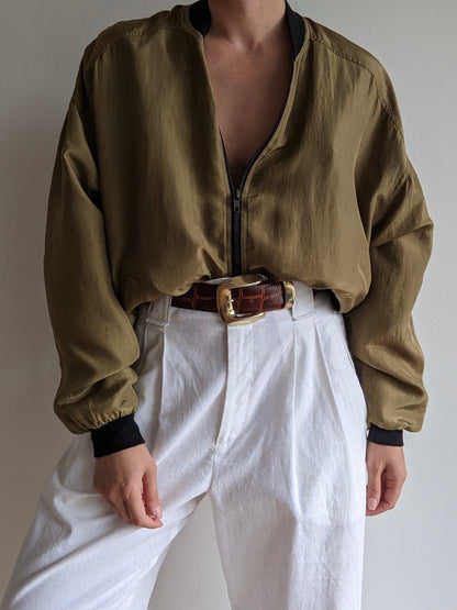 Vintage Olive Silk Bomber Jacket