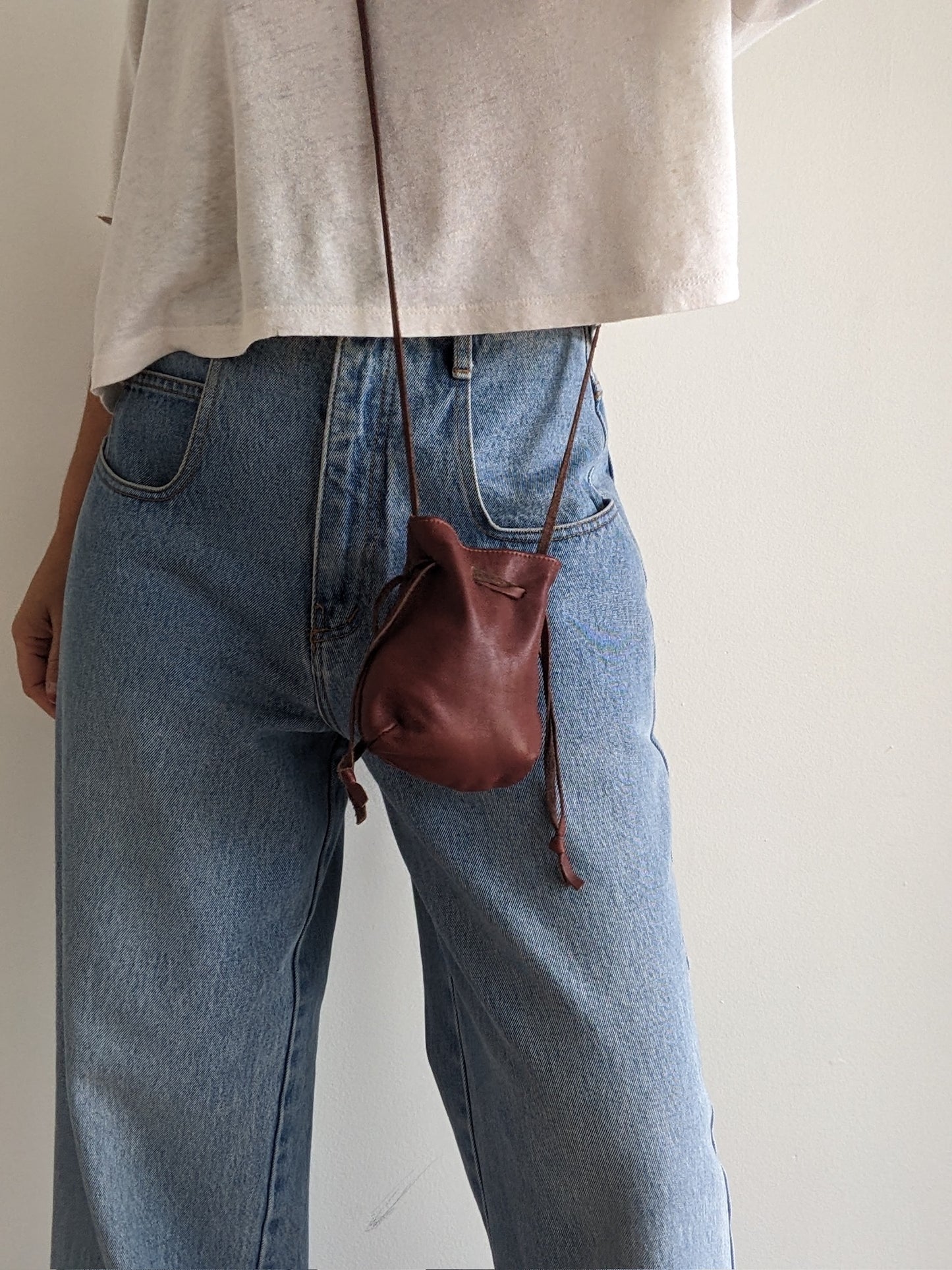 Vintage Petite Drawstring Leather Pouch Bag