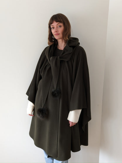 Incredible Vintage Olive Wool & Cashmere Hooded Cape