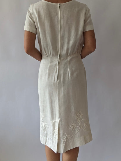 Vintage Ivory Embroidered Linen Dress