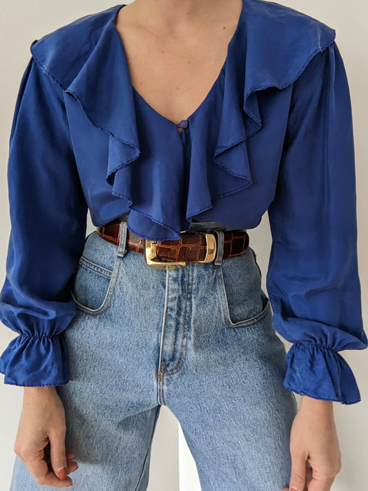 Vintage Azure Ruffled Silk Blouse