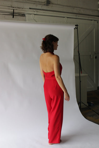 Vintage Crimson Halter Jumpsuit & Bolero Set