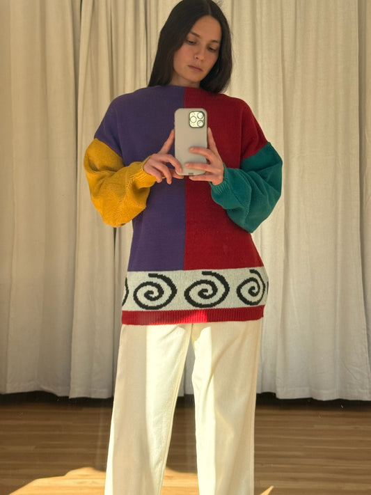 Vintage Color Block Swirl Sweater