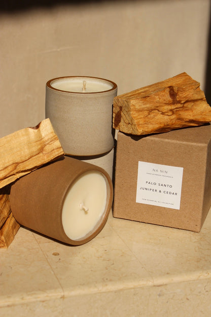 Palo Santo, Juniper, & Cedarwood Soy Candle / Available in White & Terracotta Ceramic