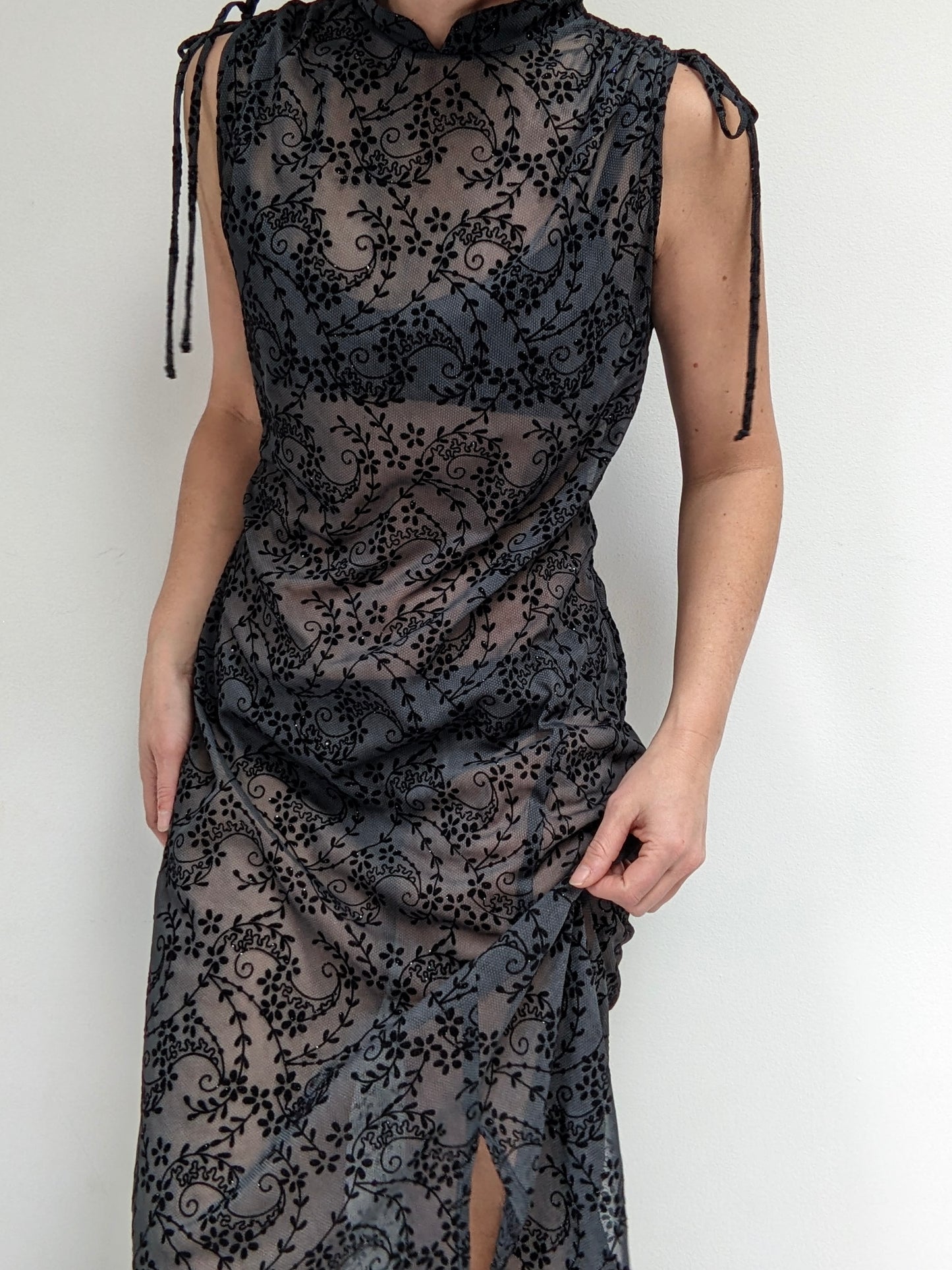 Vintage Sheer Smoke & Velvet Pattern Evening Dress