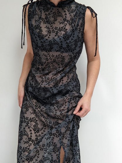 Vintage Sheer Smoke & Velvet Pattern Evening Dress