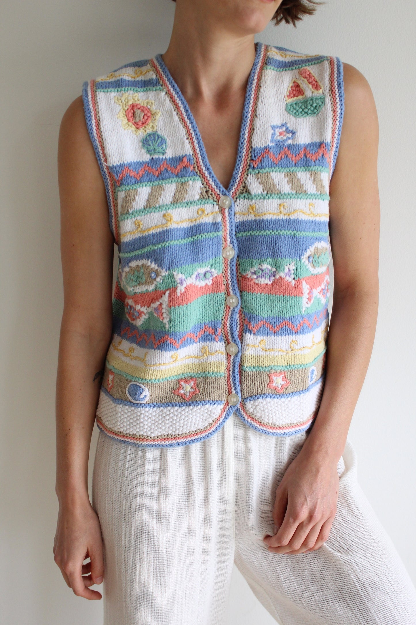Vintage Fish Embroidered Sweater Vest