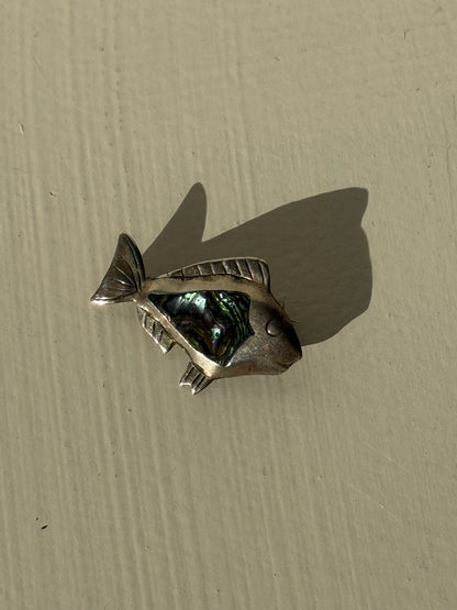 Petite Vintage Sterling Silver & Abalone Fish Brooch