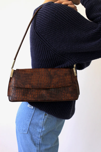 90s Croc-Embossed Leather Shoulder Bag