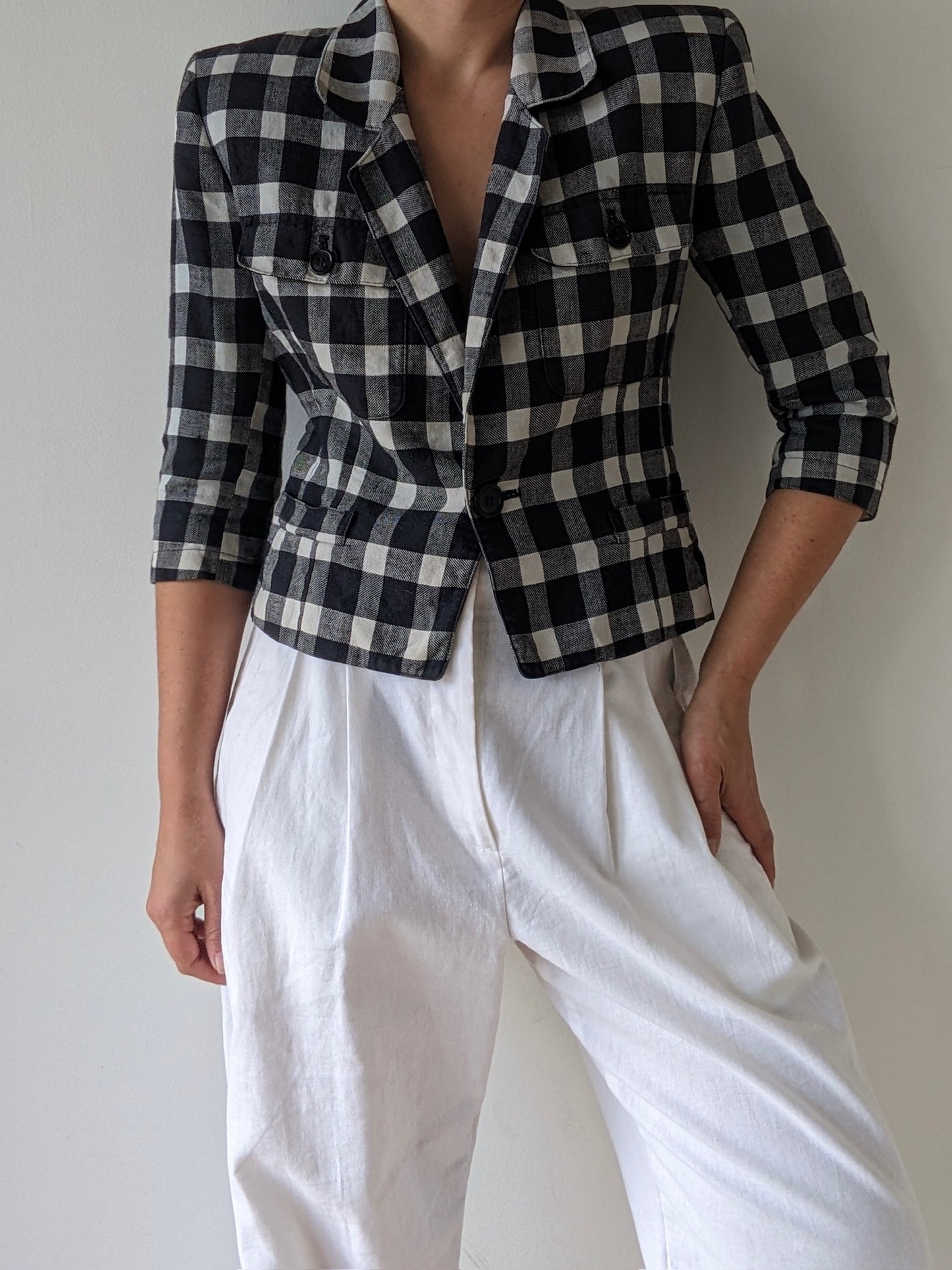 Vintage Petite Checkered Linen Blazer