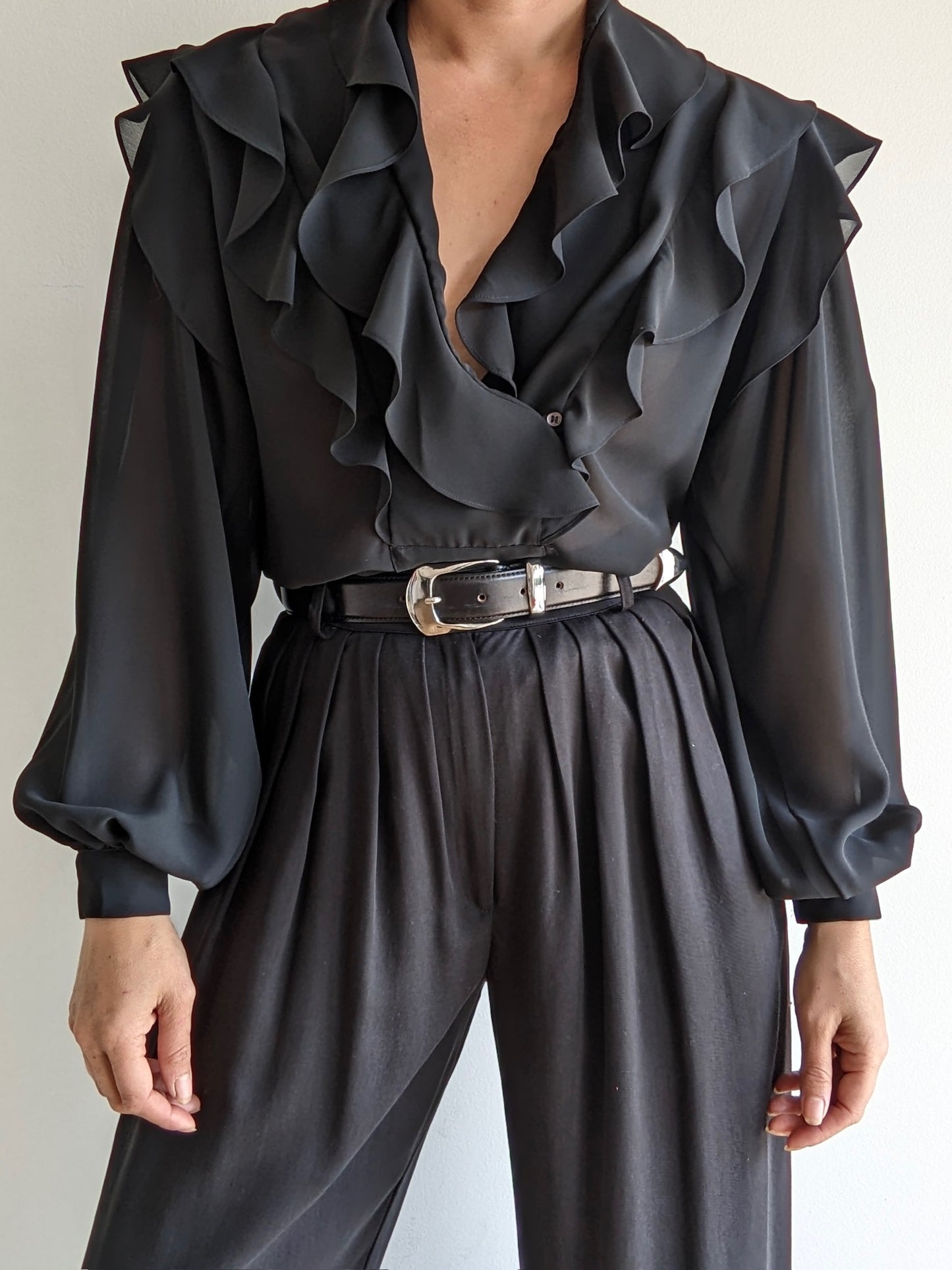 Vintage Sheer Onyx Ruffled Blouse