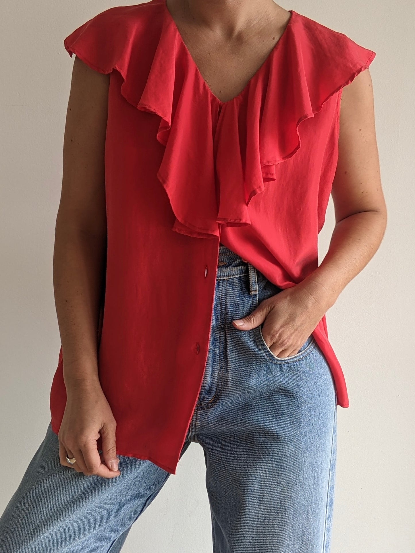 Vintage Sleeveless Ruffled Silk Blouse