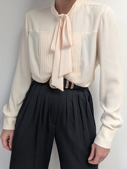 Vintage Buttercream Pleated Tie Blouse