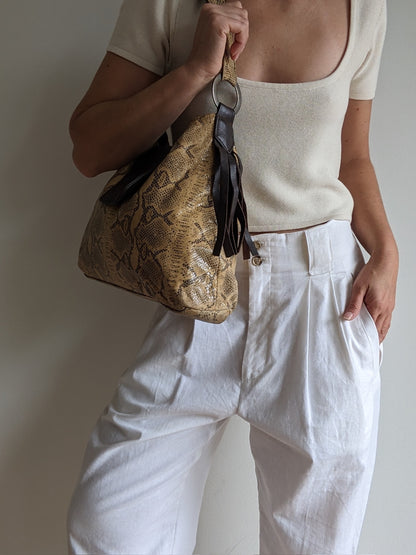 Vintage Snake-Embossed Fringe Leather Bag