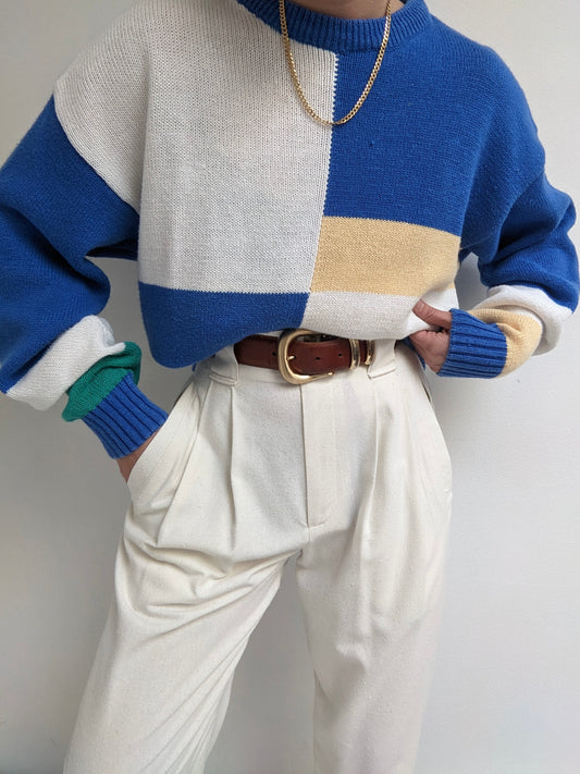 Vintage Bold Color Block Cotton Sweater