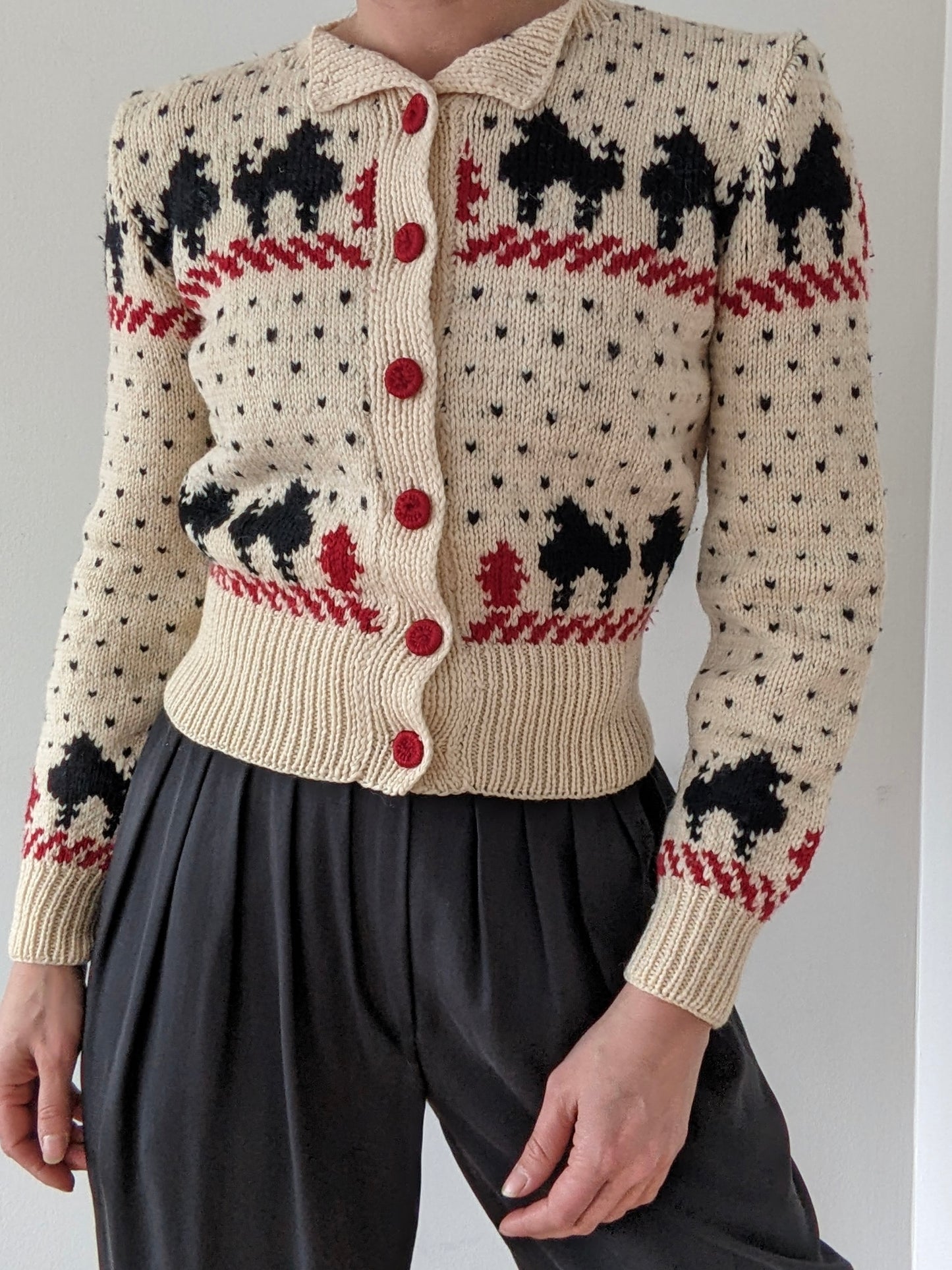 Incredible Vintage Petite Hand Knit Wool Graphic Cardigan