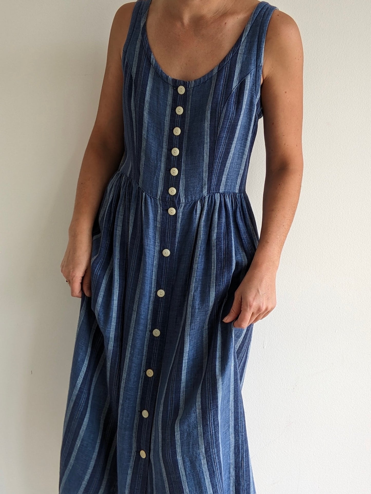 Vintage Indigo Striped Linen Market Dress