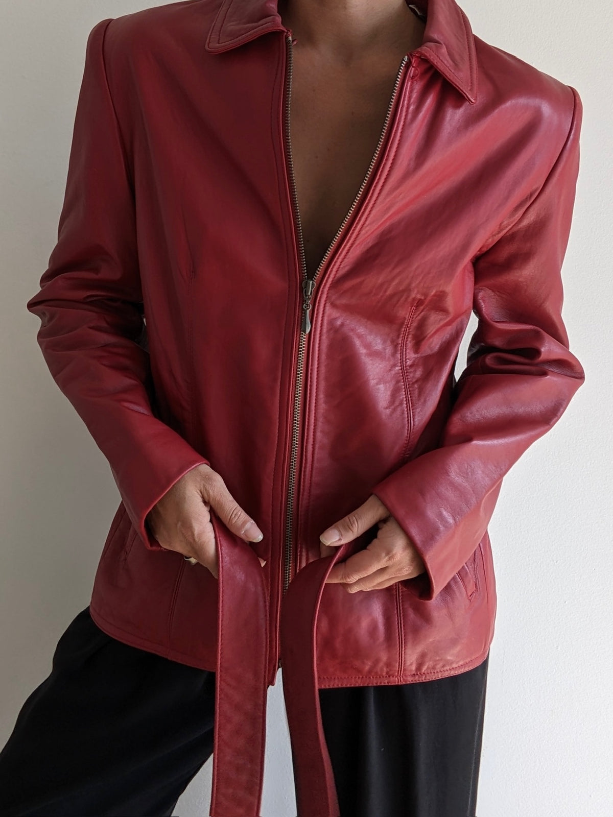 Vintage Crimson Lambskin Leather Belted Jacket