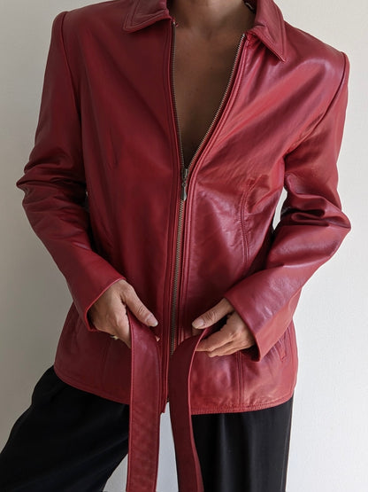 Vintage Crimson Lambskin Leather Belted Jacket
