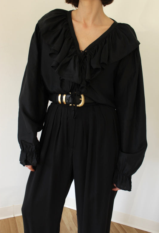 Lovely Vintage Onyx Silk Ruffled Blouse