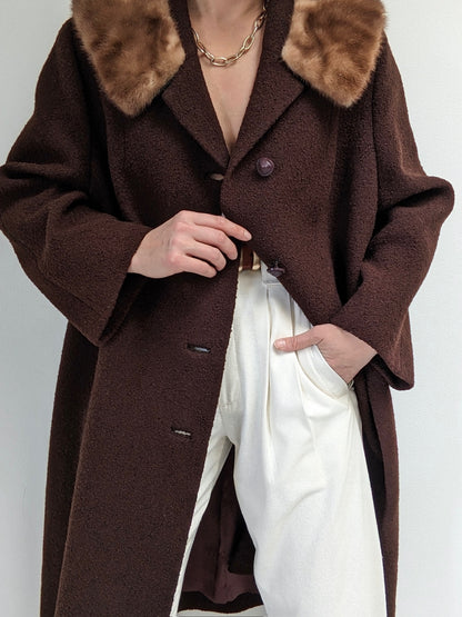 Gorgeous Vintage Chocolate Bouclé Wool & Fur Coat