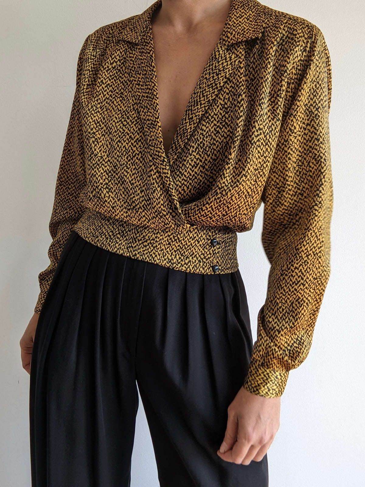Vintage Patterned Satin Low-Cut Blouse