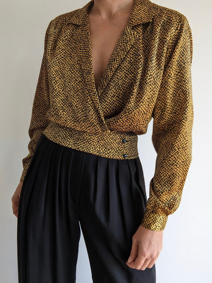 Vintage Patterned Satin Low-Cut Blouse