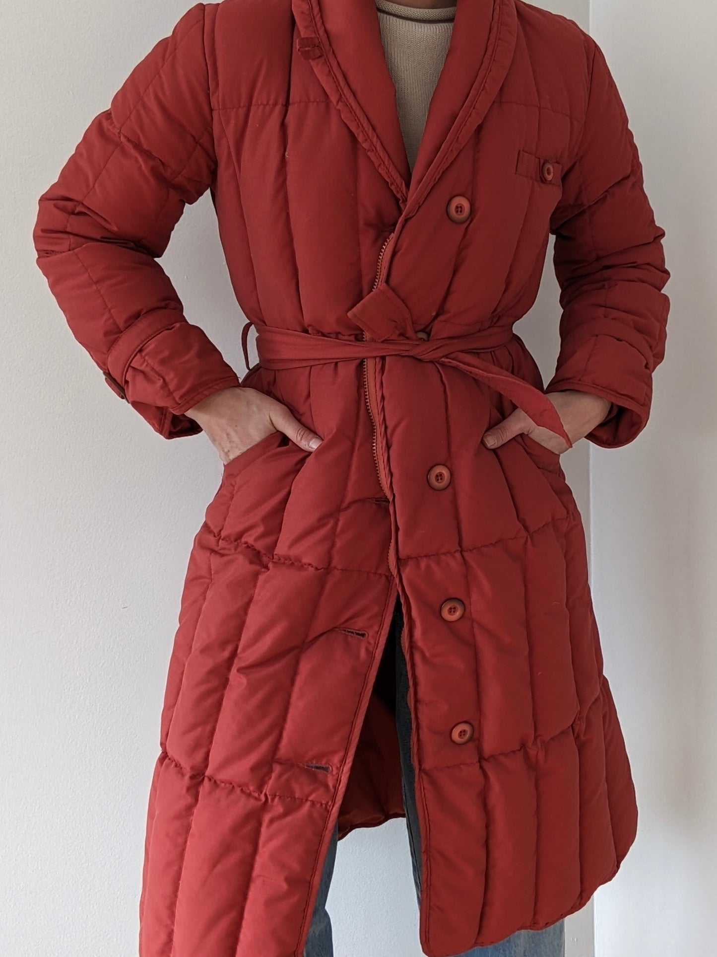 Vintage Persimmon Belted Goose Down Puffer Coat