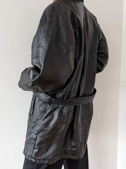 Vintage Onyx Belted Patchwork Leather Coat
