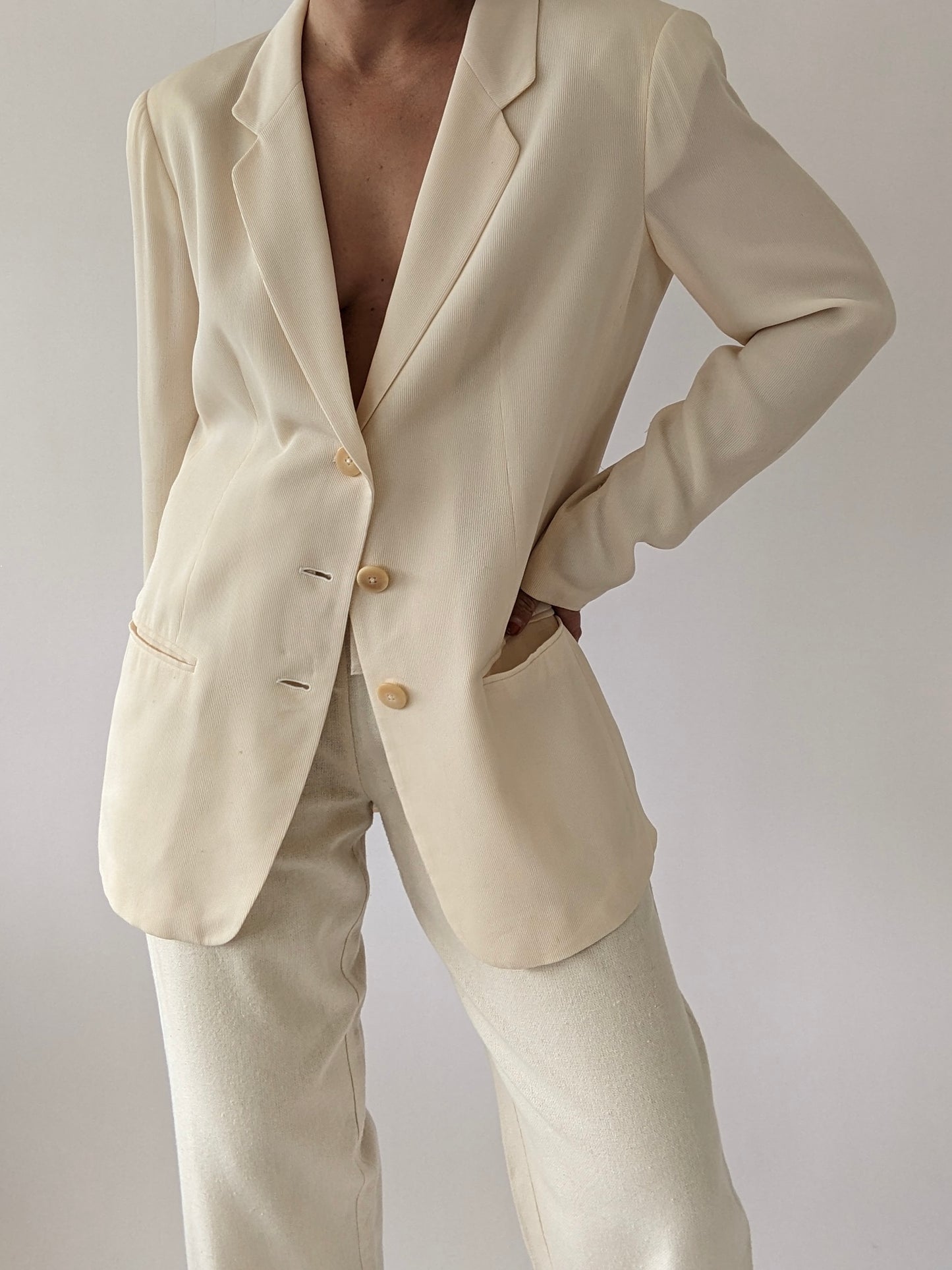 Vintage Cream Ribbed Silk Blazer