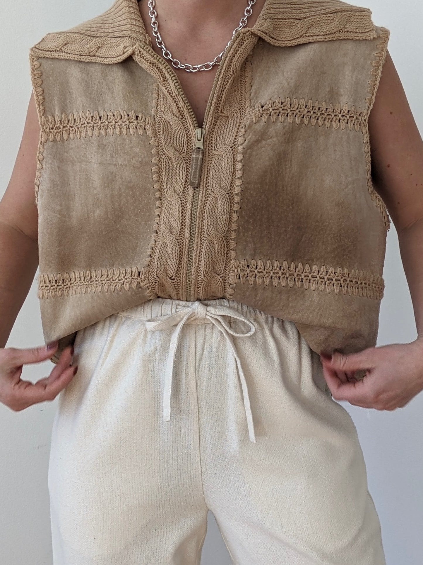 Vintage Ribbed Knit & Sueded Leather Vest