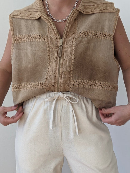 Vintage Ribbed Knit & Sueded Leather Vest