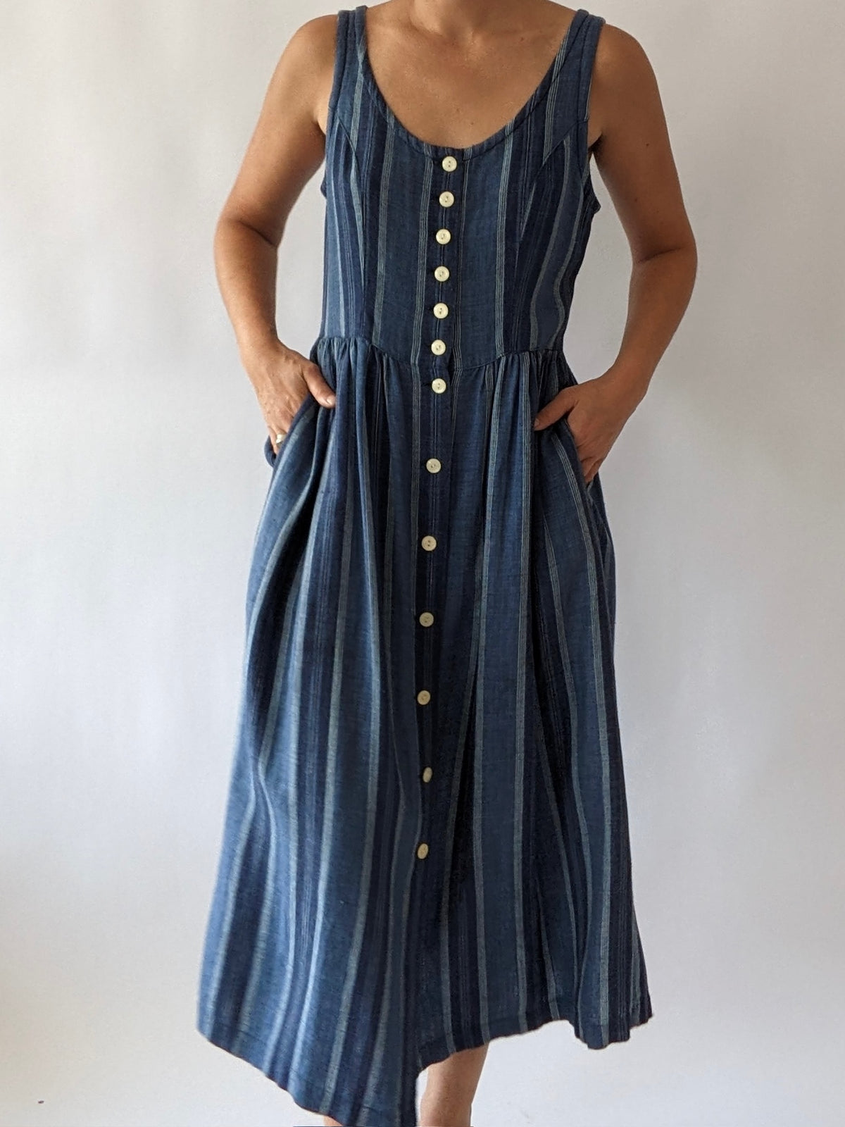Vintage Indigo Striped Linen Market Dress